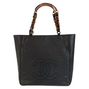 CHANEL Vintage Coco Mark Marble Chain Black Leather Tote Bag Shoulder for Women